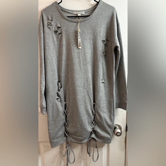 Moral Fiber Dresses & Skirts - Moral Fiber Distressed Lace Up Gray Sweater Dress Women’s Size Large